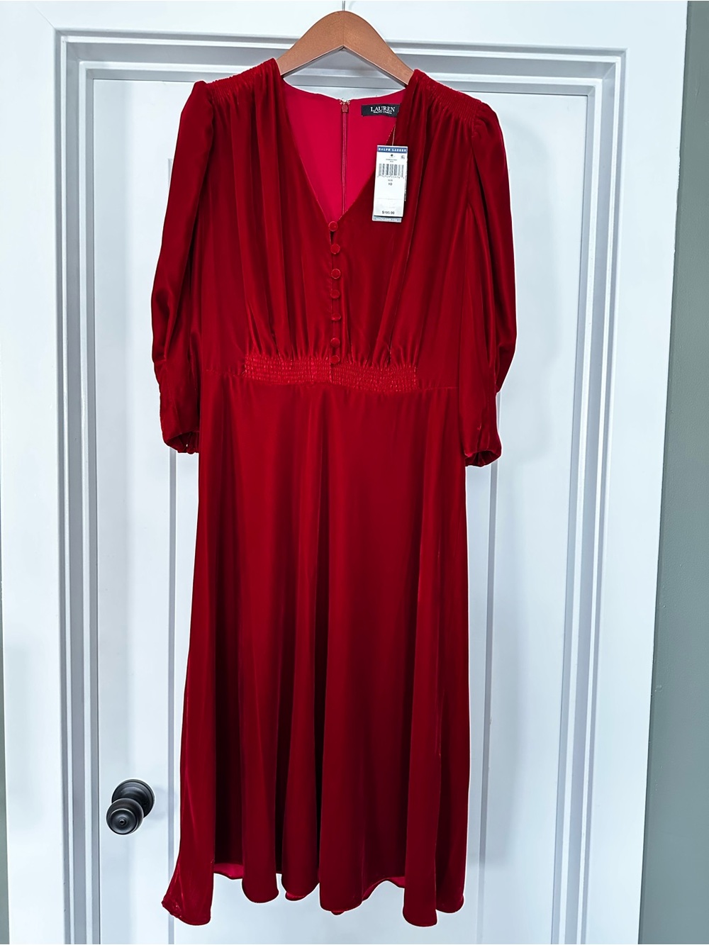 Ralph Lauren Crimson Red Velvet V-Neck Midi Dress